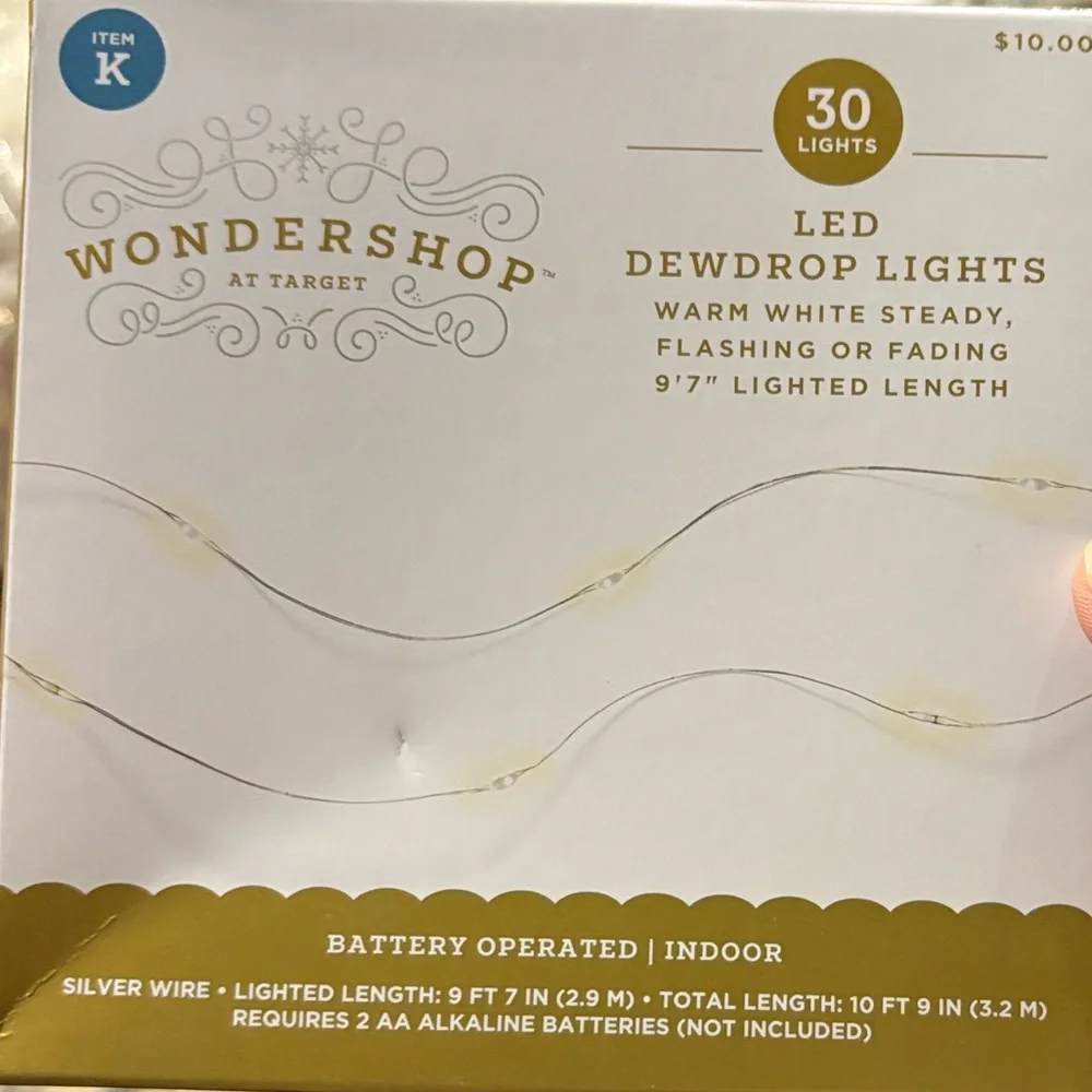 WONDERSHOP NWT 30ct led dewdrop 4 function Christmas string lights -warm white